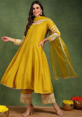Yellow Embroidery Silk Kurta Set