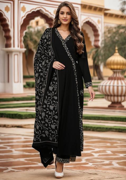 Black Solid Georgette Angarkha Set — view on Indya