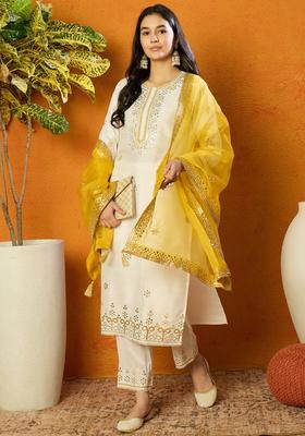 White Embroidery Blended Kurta Set