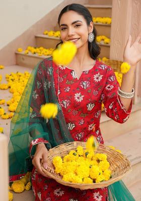 Red Floral Print Rayon Kurta Set