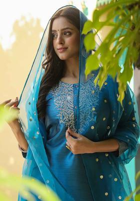 Blue Embroidery Silk Kurta Set