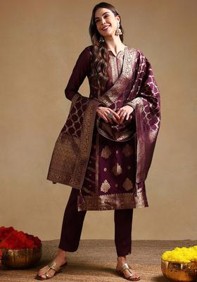 Wine Woven Chanderi Kurta Set