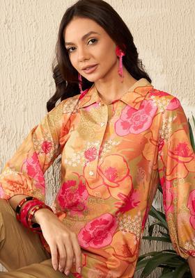 Peach Orange Floral Print Cotton Kurta Set