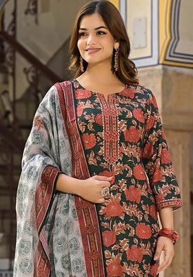 Green Floral Print Rayon Kurta Set