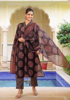 Black Printed Cotton Kurta Set