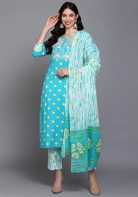 Blue Embroidery Cotton Kurta Set