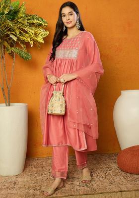 Coral Red Embroidery Blended Kurta Set