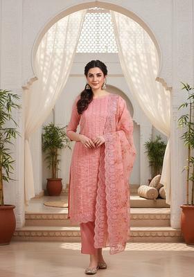 Peach Embroidery Organza Kurta Set