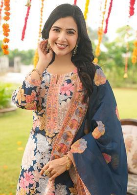 Blue Floral Print Rayon Kurta Set