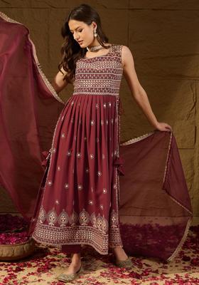 Brown Embroidery Georgette Kurta Set