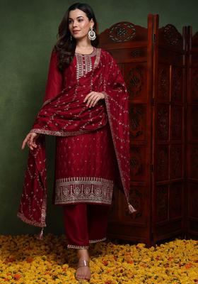 Maroon Embroidery Blended Kurta Set