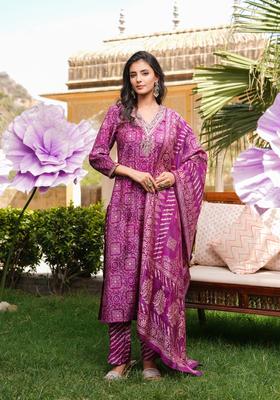 Purple Printed Silk Kurta Set