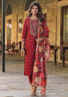 Maroon Embroidery Silk Kurta Set