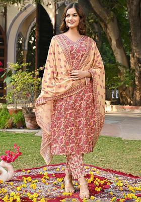 Beige Floral Print Cotton Kurta Set
