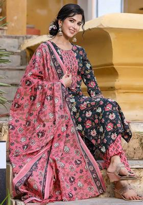 Black Floral Print Rayon Kurta Set