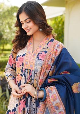 Navy Blue Floral Print Rayon Anarkali Set