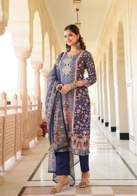 Navy Blue Printed Rayon Kurta Set