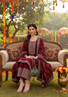 Maroon Embroidery Silk Palazzo Set