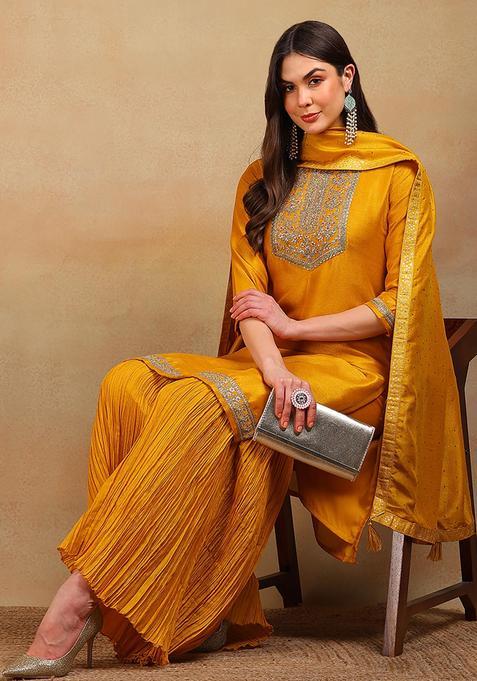 Yellow Solid Silk Sharara Set — view on Indya