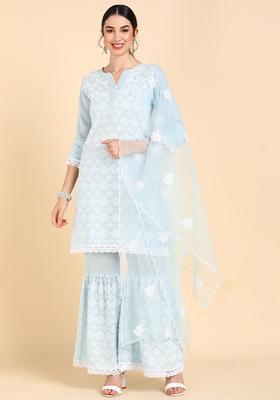 Blue Embroidery Silk Sharara Set