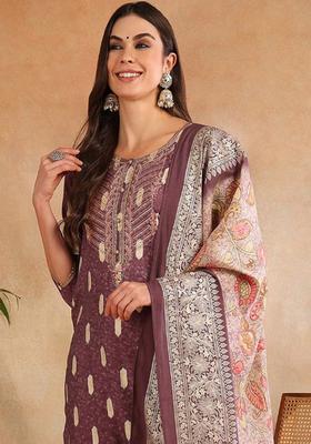 Mauve Printed Silk Kurta Set