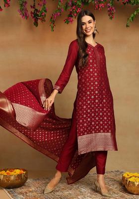 Red Woven Chanderi Kurta Set
