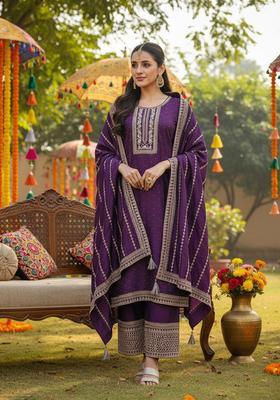 Purple Embroidery Silk Palazzo Set