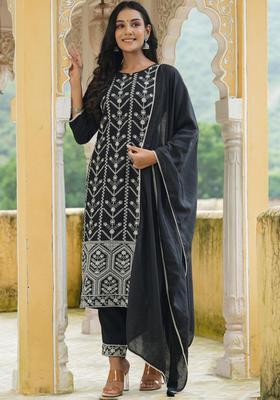 Jet Black Embroidery Silk Kurta Set