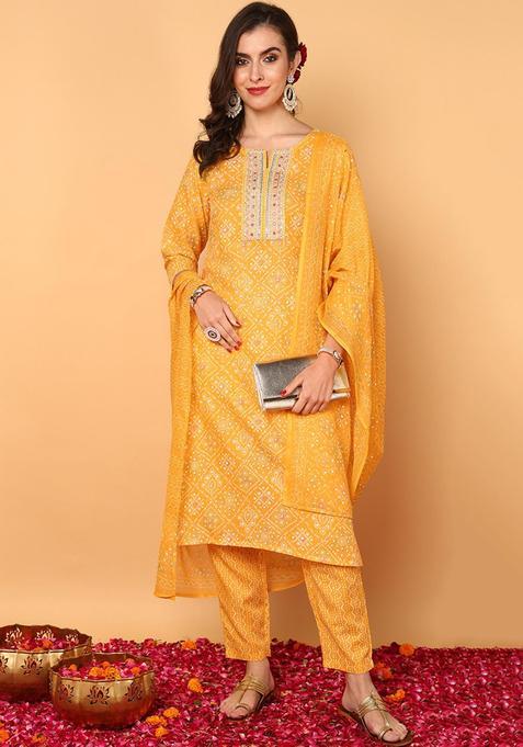 Yellow Printed Rayon Kurta Set — view on Indya