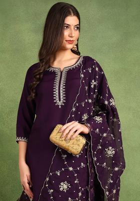 Purple Embroidery Silk Kurta Set