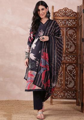 Black Floral Print Rayon Kurta Set