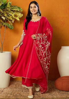 Pink Embroidery Blended Kurta Set