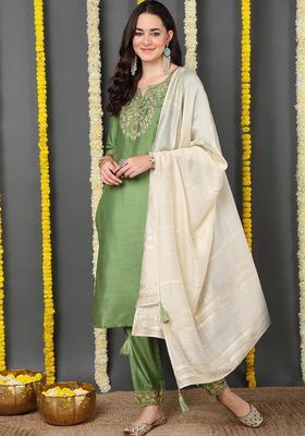 Green Embroidery Blended Kurta Set