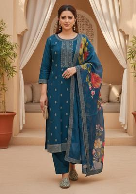 Blue Printed Silk Kurta Set