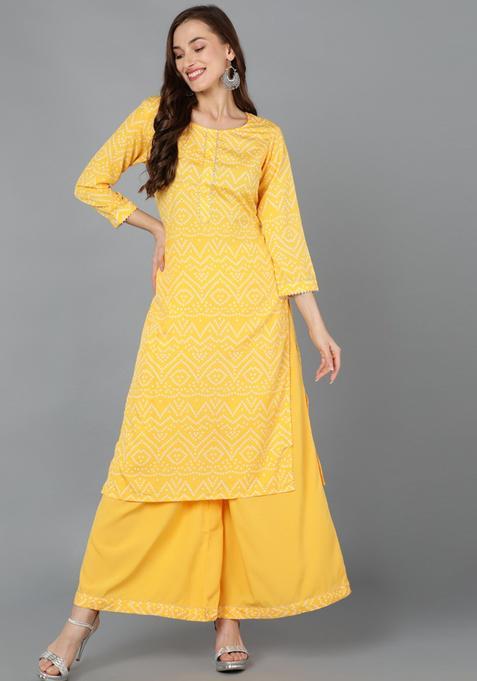 Yellow Printed Polyester Palazzo Set — view on Indya
