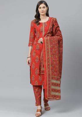 Red Floral Print Polyester Kurta Set