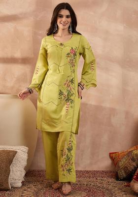 Green Floral Print Silk Kurta Set
