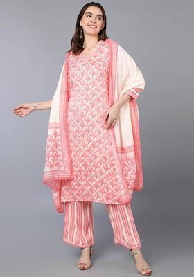 Pink Printed Blended Kurta Set