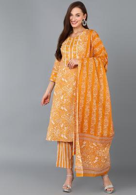 Mustard Floral Print Cotton Kurta Set
