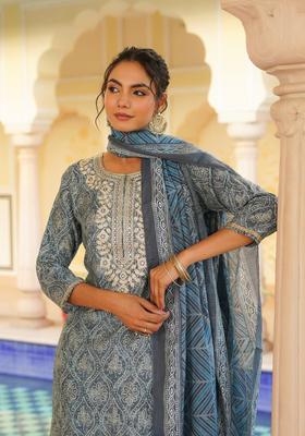 Grey Printed Silk Kurta Set