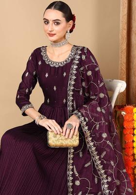 Purple Embroidery Silk Kurta Set