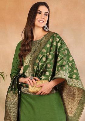 Green Solid Silk Kurta Set