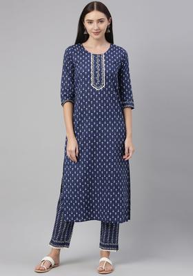 Navy Blue Printed Cotton Kurta Set