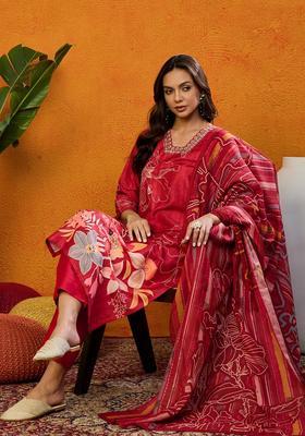 Red Printed Blended Kurta Set