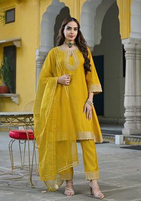 Mustard Embroidery Silk Kurta Set