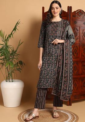 Black Printed Cotton Kurta Set