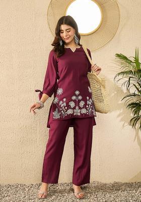 Purple Embroidery Silk Co-Ord Set