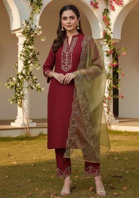 Red Embroidery Silk Kurta Set