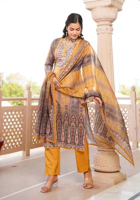Yellow Printed Rayon Kurta Set