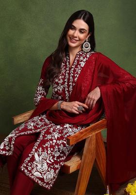 Maroon Embroidery Blended Kurta Set